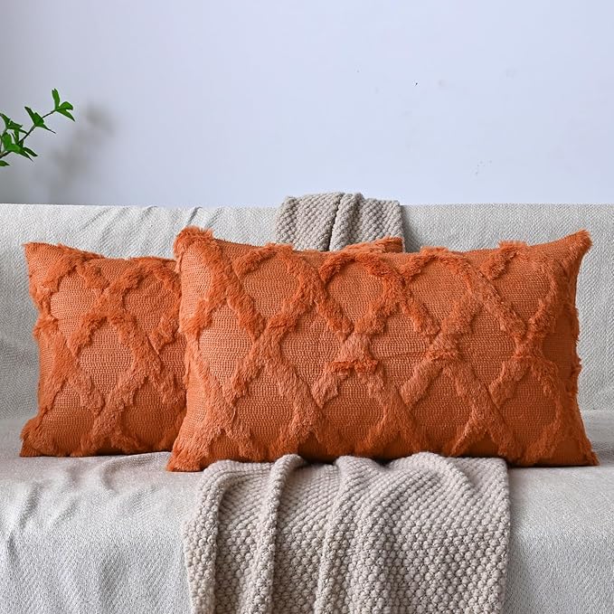 Set of 2 Soft Moroccan Throw Pillow Covers 12x20 Inch Plush Boho Decorative Pillow Cover Accent Cushion Case for Couch Sofa Bed, Burnt Orange