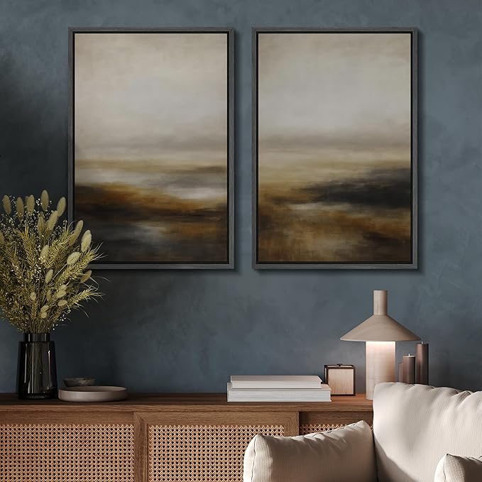 SIGNFORD Framed Canvas Print Wall Art Set Abstract Neutral Landscape Modern Beige and Brown Illustration Modern Art Decorative Nordic Nature for Living Room, Bedroom, Office - 16"x24"x2 Black