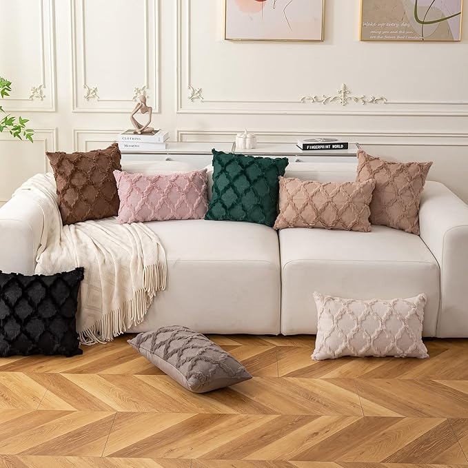 Set of 2 Soft Moroccan Throw Pillow Covers 12x20 Inch Plush Boho Decorative Pillow Cover Accent Cushion Case for Couch Sofa Bed, Black