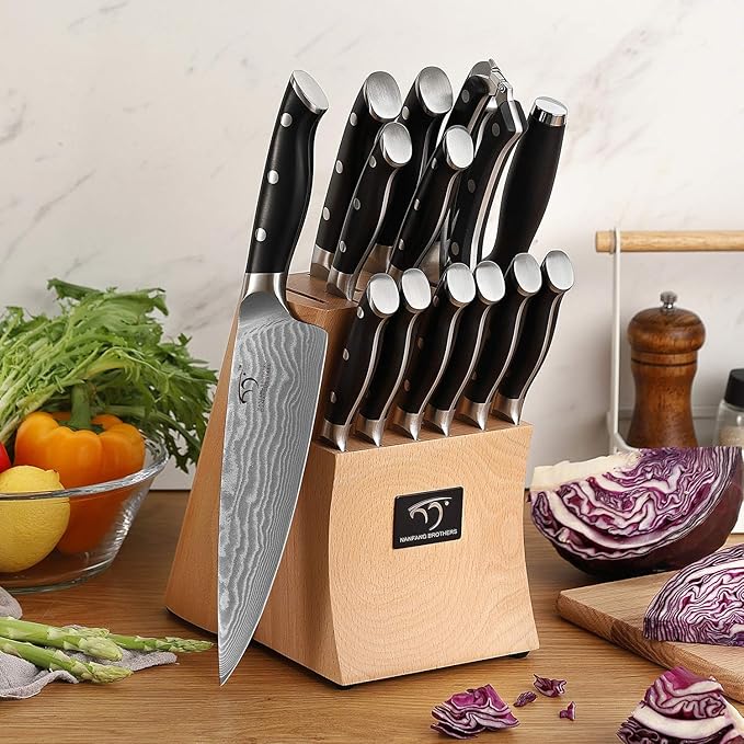 Damascus Kitchen Knife Set, 15-Piece Kitchen Knife Set with Block, ABS Ergonomic Handle for Chef Knife Set and Serrated Steak Knives Knife Sharpener and Kitchen Shears, Beechwood Block