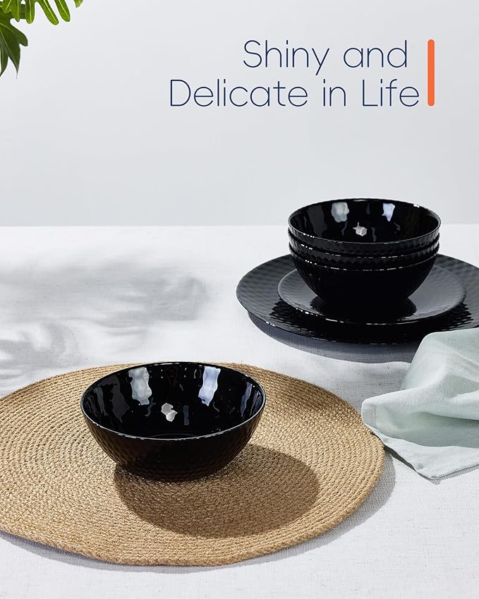 20 OZ Max Black Opal Glass Cereal Bowl Set of 6, Thin Light & Durable 6 inch Dishwasher & Microwave Safe Round Geometric Faceted Bowls for Kitchen, Salad, Soup and Rice