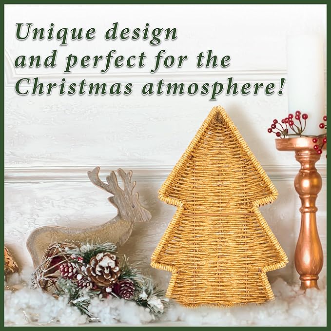 myHomeBody Christmas Tree Wicker Basket, Decorative Snack Tray, Appetizer Serving Tray and Platters, Set of 2