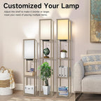 OUTON Floor Lamp with Shelves, LED Shelf Floor Lamp with 1 USB & 1 Type C Ports, 1 AC Outlet, 3 Color Temperature, Storage Display Wood Column Tall Standing Lamp for Living Room, Bedroom Office, Grey