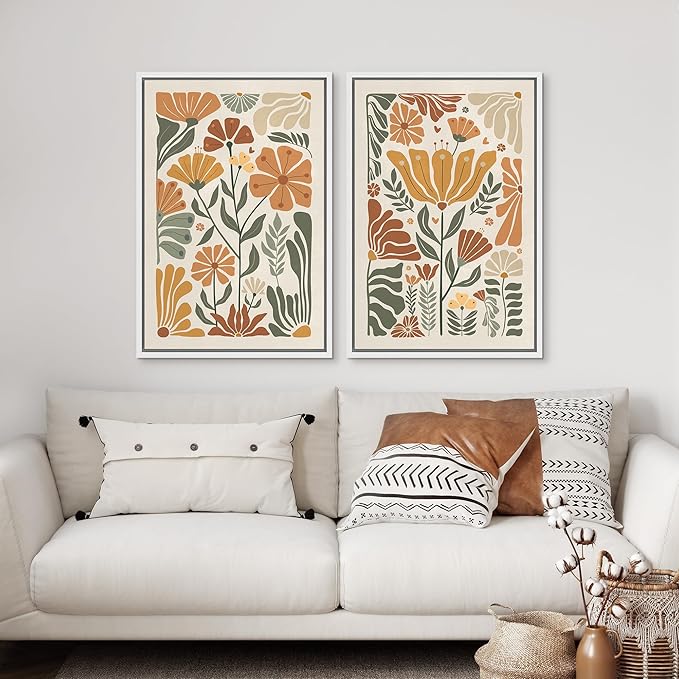 SIGNFORD Framed Canvas Print Wall Art Set Vintage Flower in Pastel Illustration Modern Art Decorative Nordic Nature for Living Room, Bedroom, Office - 24"x36"x2 White