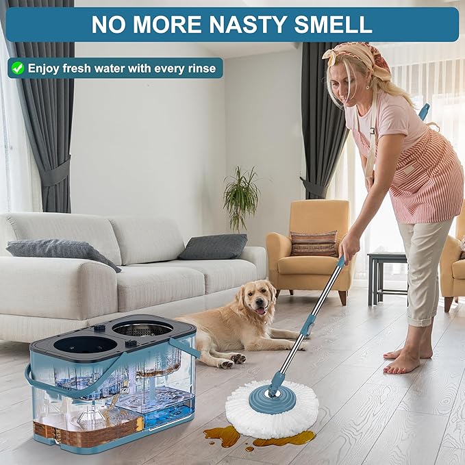 Mops and Buckets for Floor Cleaning, 360 Spin Mop and Bucket with Separates Dirty and Clean Water,4-Chamber Mop Bucket with Wringer Set for Home with 10 Replacement Mop Heads,4X Wheel