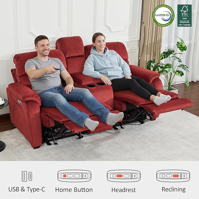 MCombo Zero Wall Recliner Loveseat with Console, Power Recliner Loveseat with Adjustable Headrest, USB A & C Charge Ports, Cup Holders, for Living Room, RVs, Small Spaces (Fabric, ST258M2, Burgundy)