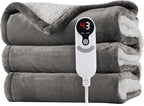 Electric Heated Blanket Twin Size 62"x84" - Flannel & Sherpa Fabric Dual-Sided, 6 Heat Settings & 10 Hours Auto Off, Soft & Cozy Warming Throw for Home, Office, or Bed, Machine Washable, Light Gray