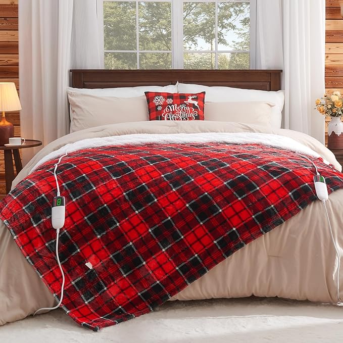 Electric Heated Blanket King Size, 90X100 Christmas Blanket with Dual Control&10 Heats Levels&Timer for Bed,Large Red Plaid Soft Sherpa Heating Blankets Warmer Gifts for Grandma Women Adults, ETL