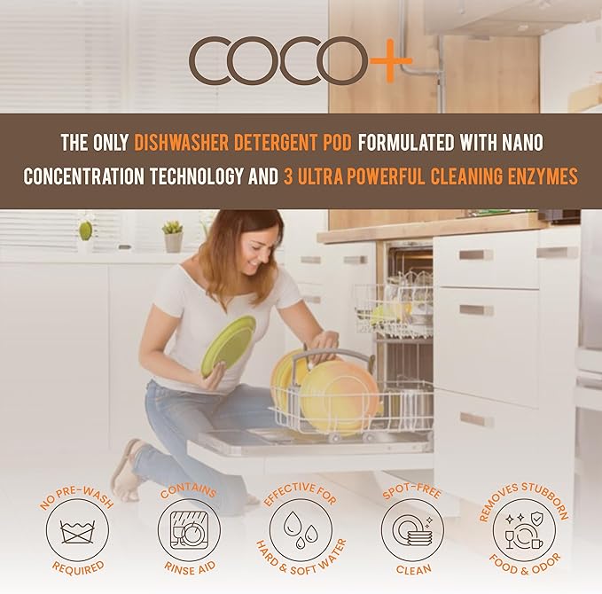 COCO+ Dishwasher Detergent Pods - Nano-Concentrated Enzymes Power with Rinse Aid & Hard Water Protection - Sparkling, Spotless Dishes - 50 Pods (Mandarin Basil)
