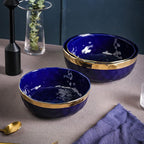 Stone Lain Florian Porcelain 3-Piece Round Bowl Service Set, Blue with Gold Rim