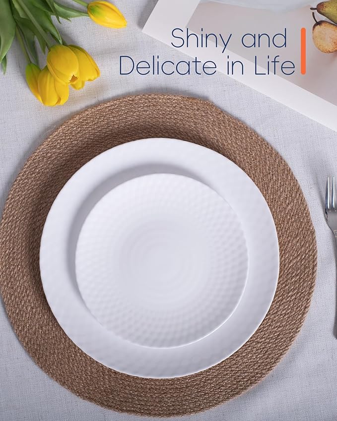 7.5 inch Salad Appetizer Plate Set of 6, Opal Glass Light and Durable Geometric Faceted Small White Plates for Dessert, Kitchen, Dishwasher and Microwave Safe