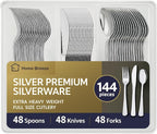 144 Pack Silver Premium Plastic Cutlery Disposable Silverware Set - 48 Forks, 48 Knives, 48 Spoons - For Catering, Parties, Dinners, Weddings, and Everyday Use, Plastic box packaging
