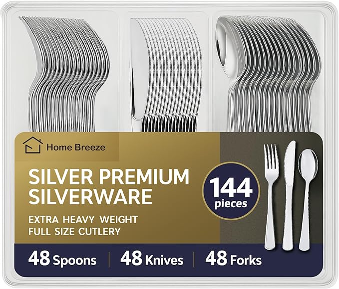 144 Pack Silver Premium Plastic Cutlery Disposable Silverware Set - 48 Forks, 48 Knives, 48 Spoons - For Catering, Parties, Dinners, Weddings, and Everyday Use, Plastic box packaging