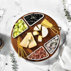 Shanik Upgraded Lazy Susan Cheese Cutting Board Set – Round Acacia Charcuterie Board with 4 Ceramic Bowls, Elegant Appetizer Tray Gift
