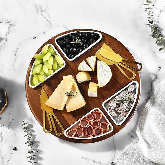 Shanik Upgraded Lazy Susan Cheese Cutting Board Set – Round Acacia Charcuterie Board with 4 Ceramic Bowls, Elegant Appetizer Tray Gift
