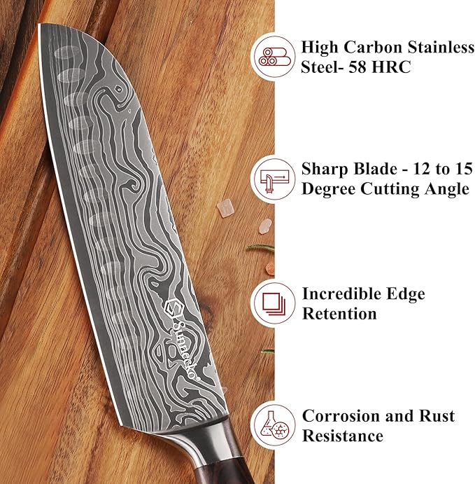 Sunnecko Chef Knife Sharp Santoku Knife 7 Inch, High Carbon Stainless Steel Chopping Knife Vegetables, Cooking Knife with Wood Handle, Gifts for Men and Women