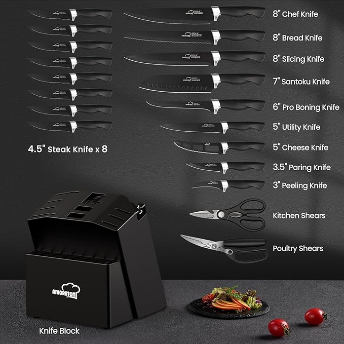 Knife Set, Amorston 21 Pieces Kitchen Knife Set with Block and Sharpener, Ultra-Sharp Knives Set with Ergonomic Handles, Black German Stainless Steel Knife Block Set, Dishwasher Safe