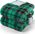 Heated Electric Blanket Full Size,72X84 Heating Blanket with 10 Heats Levels&8 Hours Auto Off&Timer,green Plaid Soft Cozy Sherpa Blankets Warmer Gifts for Grandma Women Adult,Fast Heating Washable,ETL