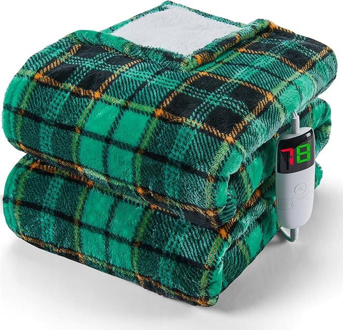 Heated Electric Blanket Full Size,72X84 Heating Blanket with 10 Heats Levels&8 Hours Auto Off&Timer,green Plaid Soft Cozy Sherpa Blankets Warmer Gifts for Grandma Women Adult,Fast Heating Washable,ETL