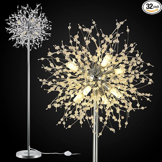 Airposta Crystal Floor Lamp - Elegant Standing Lamp, 69" Tall, Modern Design, 32 Firework Crystal Harnesses, Chrome Finish