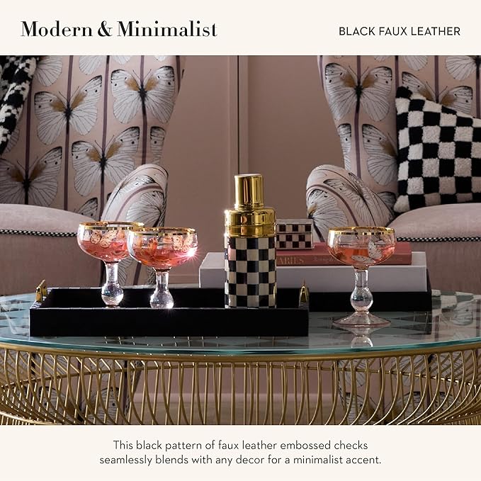 MACKENZIE-CHILDS Black Faux-Leather Tray with Handles, Rectangular Tray for Serving, Small