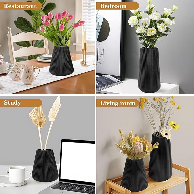 Black Ceramic Vase, GUKJOB Small Cute Flower Vase for Pampas Grass, Home, Living Room, Dining Table, Farmhouse, Office Decor, Bedroom, Table, and Kitchen Shelf (Black - 2Pcs)