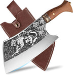 TOMBRO Meat Cleaver - 9" Butcher Knife, Heavy Duty Bone Chopper, Forged With Sheath for Meat Cutting, Ultra Sharp Carbon Steel Chinese Chef for Home & Outdoors