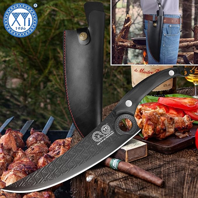 XYJ Authentic Since 1986, FULL TANG 10 Inch Boning Knife With Sheath, Stainless Steel Deboning Meat Cleaver for Meat Cutting, Vegetable Kitchen Knife for Outdoor Camping