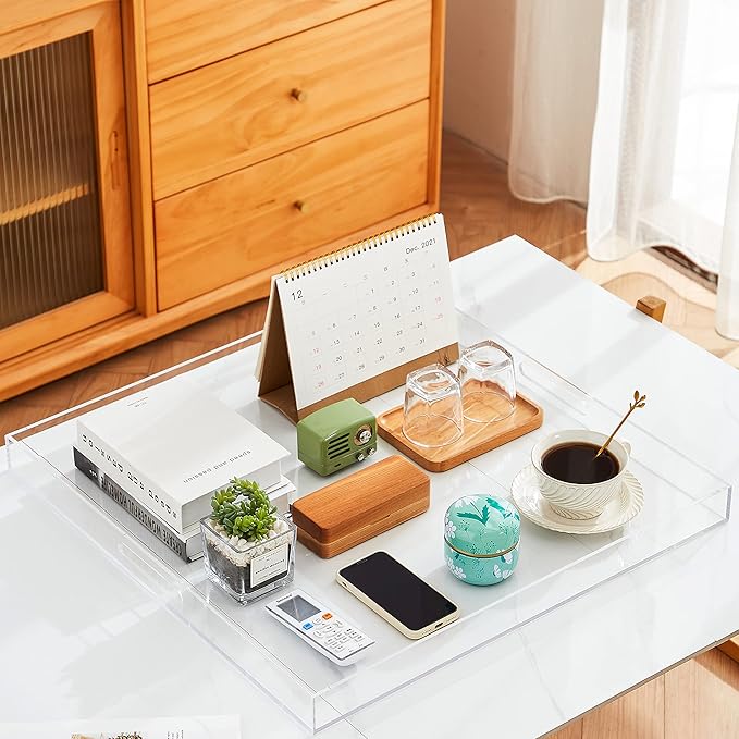 Oversize Extra Large King Size Bed Tray for Eating Big Clear Acrylic Serving Tray with Handles 24x24 Inch -Spill Proof- Decorative Countertop Organizer for Ottoman,Bed,Party, Butler Tray