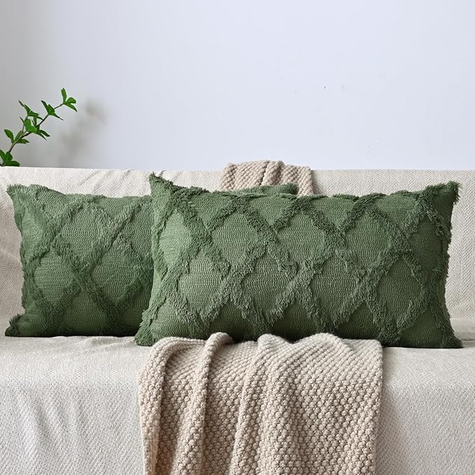 Set of 2 Soft Moroccan Throw Pillow Covers 12x20 Inch Plush Boho Decorative Pillow Cover Accent Cushion Case for Couch Sofa Bed, Olive Green