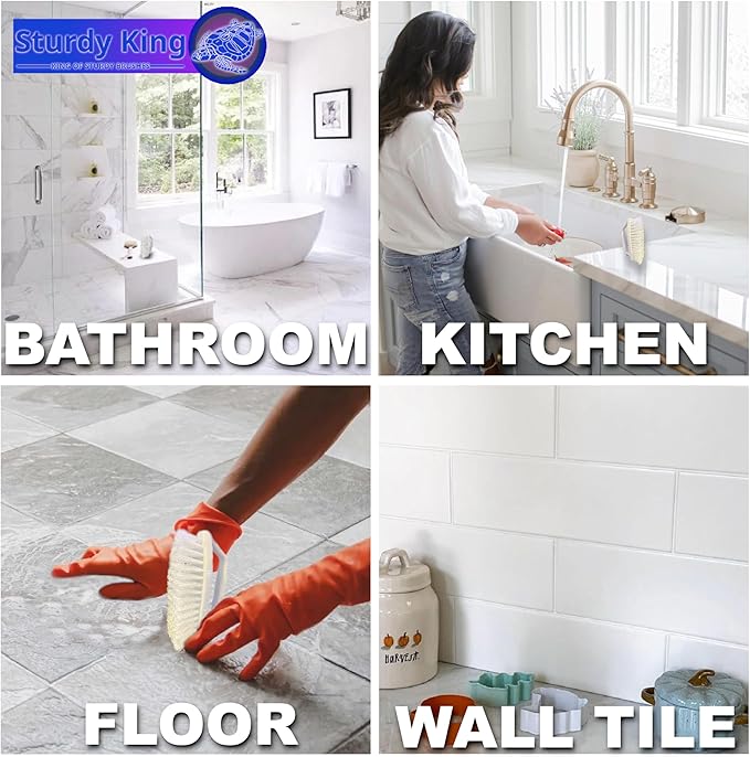 Scrub Brush Unbreakable Handle 6" White, Stiff Heavy-Duty Bristles Tough on Baked-on Grime Dishes Pots Grill Tub Shower Bathroom Tile Grout Floor Concrete Tires Carpet Unbreakable Handle