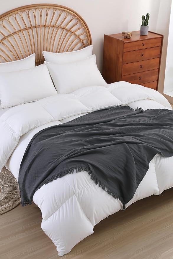 100% Cotton Muslin Throw Blanket for Bed, Couch, Small, Decorative, Soft, Pre-Washed, Breathable and Lightweight Gauze Blanket with Tassels, Suitable for All Seasons, Dark Grey, 50"x60"