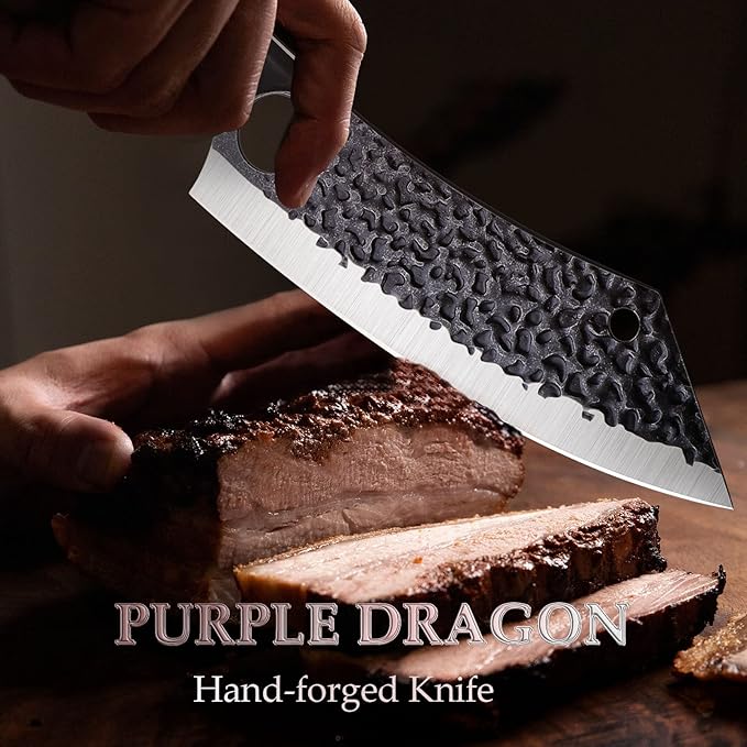 Purple Dragon Kitchen Knife 8 Inch Ultra Sharp Japanese Butcher Knife for Meat Cleaver Vegetable Cutting with Finger Hole Hand Forged High Carbon Steel Chef Knife Gifts for Father Dad