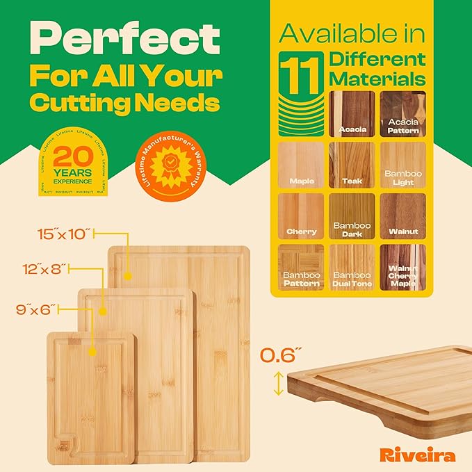 Riveira Bamboo Cutting Boards Versatile and Durable Set: 3 Comfortable Kitchen Boards