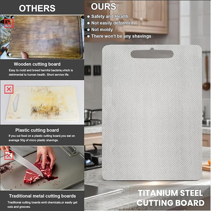 100% Pure Titanium Cutting Boards for Kitchen,2-in-1 Smooth Side & Textured Side For Cutting Meats, Double-sided Titanium Cutting Board Fruits And Vegetables, for Kitchen Outdoor Holiday Gifts(12x9)