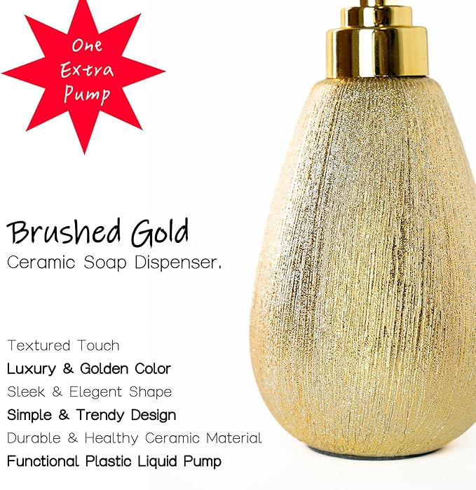Brushed Gold Ceramic Soap Dispenser 2 Pack, 11 oz Textured Hand or Dish Soap Dispenser with Golden Plastic Pump for Bathroom or Kitchen Countertop