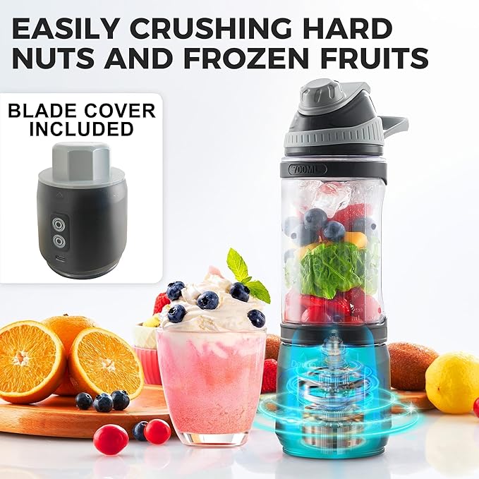 Portable Blender, Anti-Jamming 300 Watt for Shakes and Smoothies, 24oz Travel Blender USB Rechargeable, BPA Free Sporty bottle with a Travel Lid. (Black Base Grey Lid) (Black Base Yellow Lid)