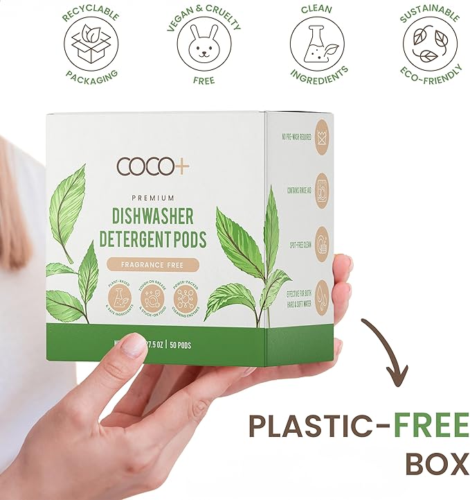 COCO+ Dishwasher Detergent Pods - Nano-Concentrated Enzymes Power with Rinse Aid & Hard Water Protection - Sparkling, Spotless Dishes - 50 Pods (Fragrance Free)
