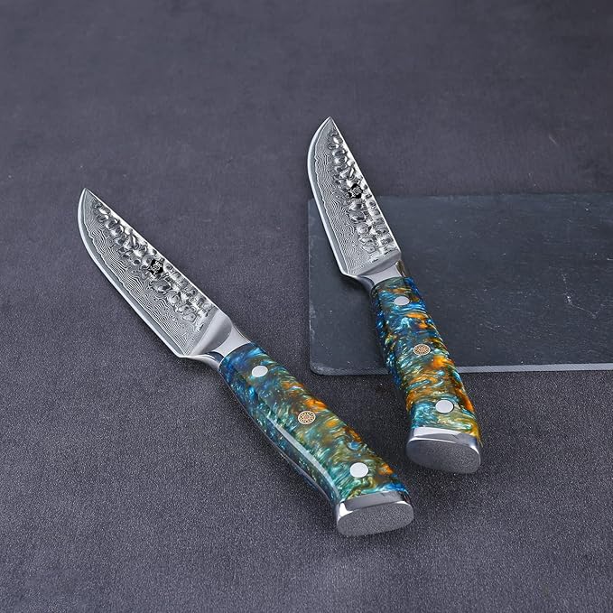 WILDMOK Steak Knife Set 4pc Full Tang 5 inch Forged Damascus Steel Dinner Knives Full Tang Ergonomic Beautiful Resin Handle