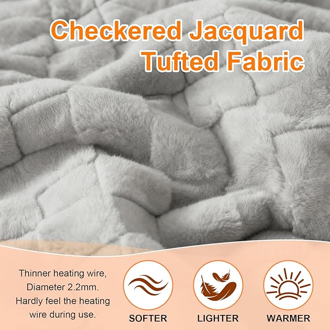 Electric Heated Throw Blanket - Jacquard Checkered Sherpa 50"x60" Fast Heating Bed Blankets with 6 Heating Levels & 4 Hours Auto Off, Over-Heat Protection ETL, Light Gray