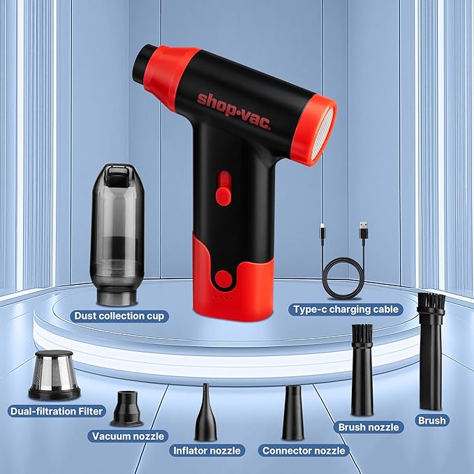Shop-Vac 2-in-1 Electric Air Duster & Vacuum, 110000 RPM Cordless Air Blower with Brushless Motor, Variable Speed and Rechargeable, 6 Nozzles for Computer, Keyboard, House, Outdoor and Car