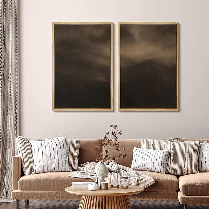 SIGNFORD Framed Canvas Print Wall Art Set Moody Misty Landscape Soft Brown and Gray Hues Illustration Modern Art Decorative Nordic Nature for Living Room, Bedroom, Office - 24"x36"x2 Natural