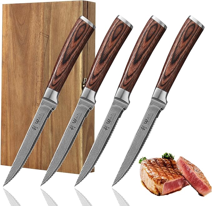 Wakoli EDIB 4-Piece Steak Knife Set – Dining Knives | Genuine Damascus Steel Blades with VG10 Core | Ergonomic Pakkawood Handles | Premium Steak Cutlery in Wooden Gift Box