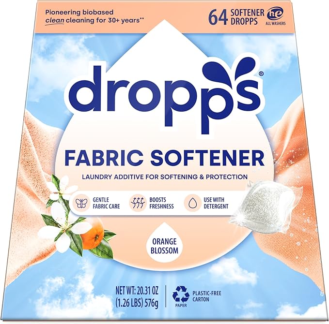 Dropps Laundry Fabric Softener Pods, Orange Blossom (64 Count) - Fabric Softener Liquid Pods for Fluffy, Soft Fabrics - HE Compatible Mineral Based Ingredients Laundry Supplies