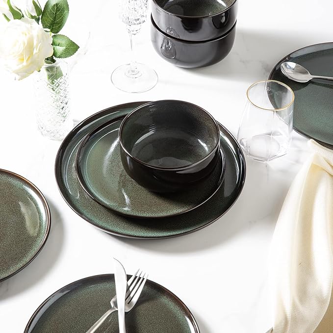 LERATIO Ceramic Plates Set of 6, 8.5 Inch Reactive Glaze Light Weight Porcelain Salad Plates,Modern Shape Dinnerware Dishes Set for Kitchen,Microwave&Dishwasher&Oven Safe,Resistant-Green