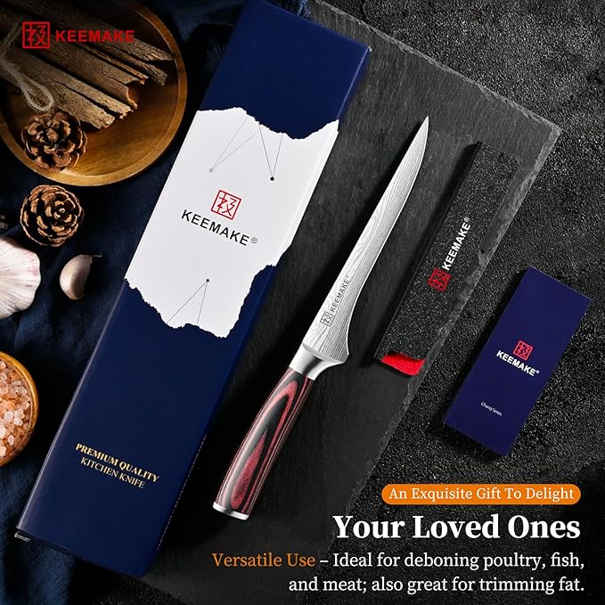 KEEMAKE Fillet Knife 6 Inch, Super Sharp Boning Knife High Carbon Stainless Steel Deboning Knives for Meat Cutting, Fish Knive with Ergonomic Pakkawood Handle with Gift Box
