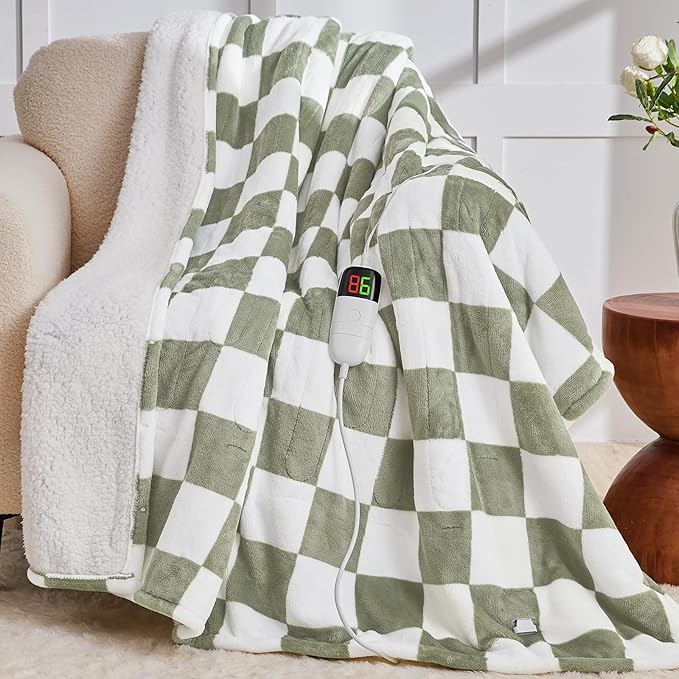 Sage Green Heated Throw Blanket Electric, 50X60 Heating Blanket with 10 Heat Levels & 8 Hours Auto Off for Lap, Checkered Plaid Soft Sherpa Blankets Warmer Gifts for Couch Grandma Women Adults, ETL