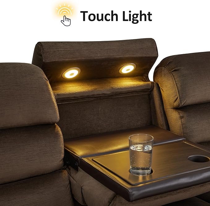 MCombo Wall Hugger Recliner Sofa with Drop Down Table, Power Reclining Sofa with Adjustable Headrest, USB A&C Charge Ports, Reading Lamp, Cup Holders, for Living Room, RVs (Fabric, ST258M3, Coffee)
