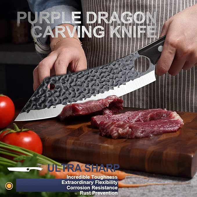 Purple Dragon Kitchen Knife 8 Inch Ultra Sharp Japanese Butcher Knife for Meat Cleaver Vegetable Cutting with Finger Hole Hand Forged High Carbon Steel Chef Knife Gifts for Father Dad