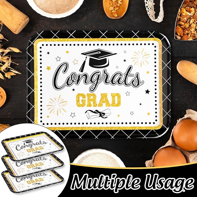 3Pcs Graduation Serving Trays 13 x 10 Inch Bachelor' s Hat Diploma Glitter Reusable Platter Congrats Grad Serving Dishes for Graduate Party Sharing Snacks Fruit Dessert